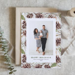 Vintage Watercolor Pine Cones Photo Christmas Holiday Card<br><div class="desc">Celebrate the season with a customizable photo Christmas card featuring watercolor pine cones. This nature-inspired design highlights the rustic beauty of hand-painted pine cones, bringing a touch of nature to your holiday greetings. The watercolor Christmas card is perfect for anyone who loves rustic, nature-themed holidays. Personalize by adding your names,...</div>