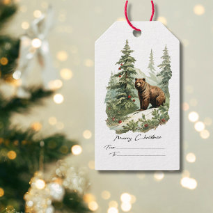 vintage watercolor pine tree bear christmas  gift tags