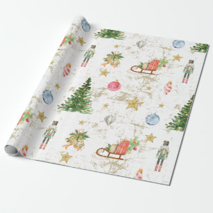 Vintage Watercolor Pine Tree Nutcracker Christmas Wrapping Paper