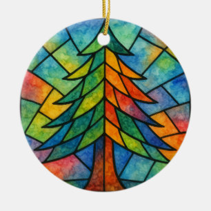 Vintage Watercolor Pine Tree Stained Glass Design Ceramic Ornament