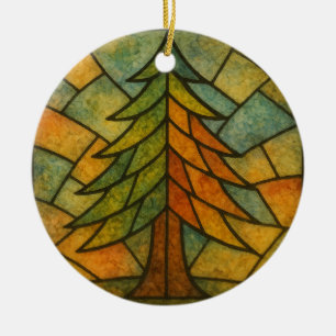 Vintage Watercolor Pine Tree Stained Glass Design Ceramic Ornament