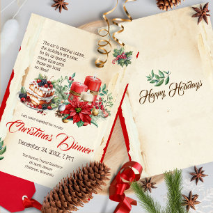 Vintage Watercolor Pines Red Poinsettia Christmas Invitation