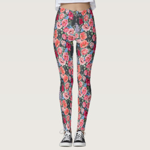 vintage watercolor pink and red roses pattern leggings