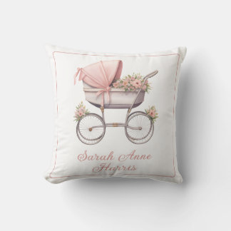 Vintage Watercolor Pink Baby Carriage Personalized Throw Pillow