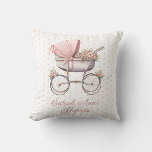 Vintage Watercolor Pink Baby Carriage Personalized Throw Pillow
