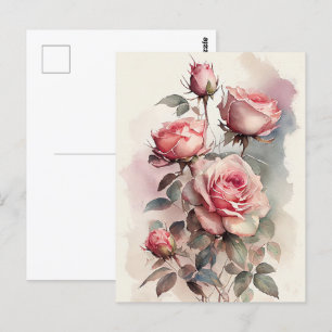 Vintage Watercolor Pink Roses  Postcard