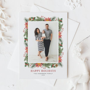 Vintage Watercolor Poinsettia and Greenery Photo Holiday Postcard