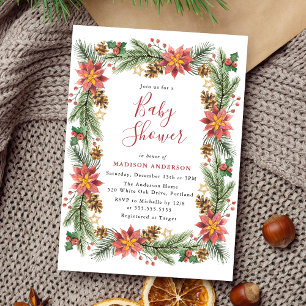 Vintage Watercolor Poinsettia Baby Shower Invitation