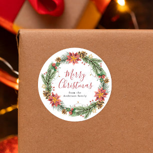 Vintage Watercolor Poinsettia Merry Christmas Classic Round Sticker