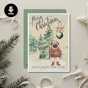 Vintage Watercolor Pug Dog Holiday Card