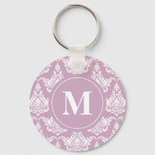Vintage Watercolor Purple Damask Monogram Keychain