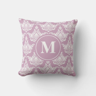 Vintage Watercolor Purple Damask Monogram Throw Pillow