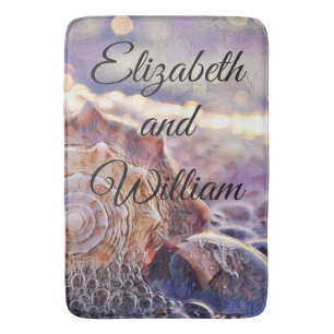 Vintage Watercolor Purple Pink Seashell Bath Mat
