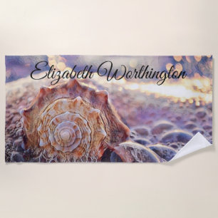 Vintage Watercolor Purple Pink Seashell Beach Towel