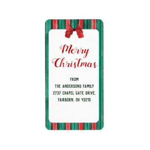 Vintage Watercolor Red Bow & Stripes Christmas  Label