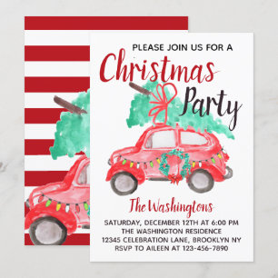 Vintage Watercolor Red Car Truck Christmas Party Invitation