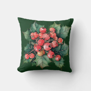 Vintage watercolor red holly berries throw pillow