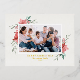 Vintage Watercolor Red Poinsettia Christmas Photo Foil Holiday Postcard
