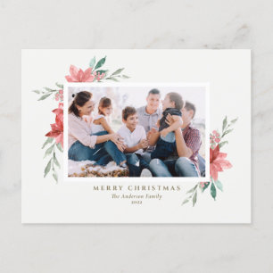 Vintage Watercolor Red Poinsettia Christmas Photo Holiday Postcard