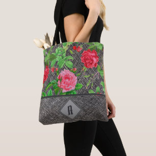 Vintage Watercolor Red Roses Grey Linen Initial Tote Bag