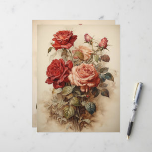 Vintage Watercolor Red Roses Paper Craft Cardstock