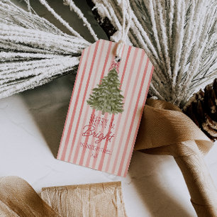 Vintage Watercolor Red Stripes Christmas Tree Gift Tags