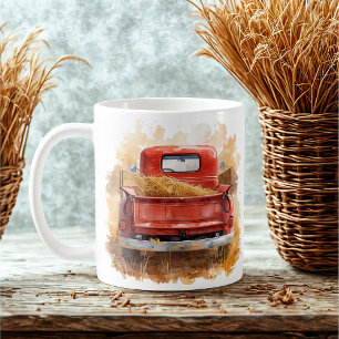 Vintage Watercolor Red Truck with Hay Rustic Farm Coffee Mug