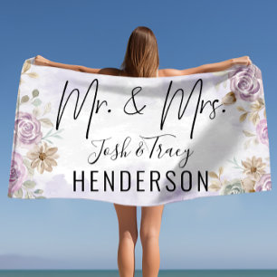 Vintage watercolor Rose Floral Mr and Mrs Custom Beach Towel