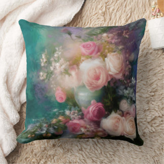 Vintage Watercolor Roses Painted In All Colours Throw Pillow