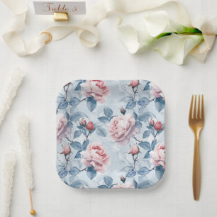 Vintage, Watercolor Roses Paper Plate