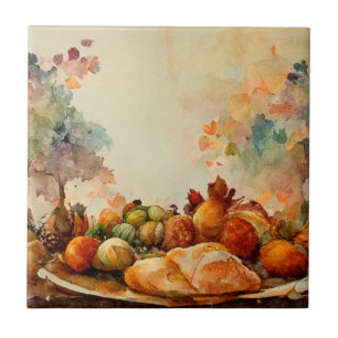 Vintage Watercolor Rustic Orange Pumpkins Turkey Tile