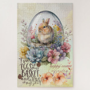 Vintage Watercolor Rustic Rabbit Easter Egg Floral Jigsaw Puzzle
