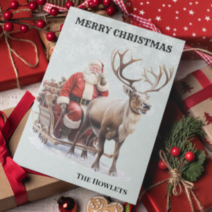 Vintage Watercolor Santa and Reindeer Sled Holiday Card
