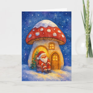 Vintage Watercolor Santa Claus Mushroom House Holiday Card