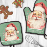 Vintage Watercolor Santa Face Christmas Custom Oven Mitt & Pot Holder Set<br><div class="desc">Embrace the holiday spirit with this delightful oven mitt and pot holder set featuring a vintage watercolor Santa face on a festive green background. Perfect for bringing a touch of nostalgia to your kitchen, this set is both decorative and functional. Customize it with your name or a special message to...</div>