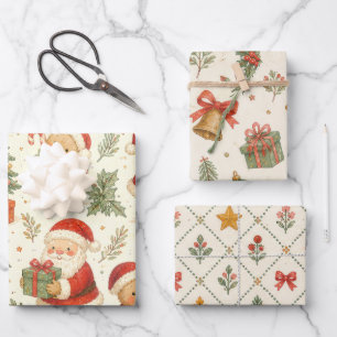 Vintage Watercolor Santa & Teddy Bear Christmas Wrapping Paper Sheet