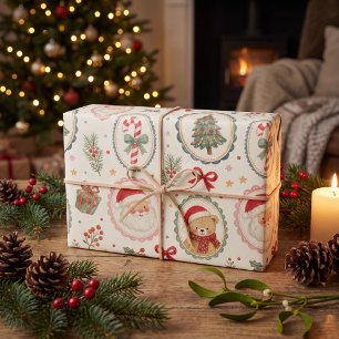 Vintage Watercolor Santa & Teddy Bear Christmas Wrapping Paper Sheet
