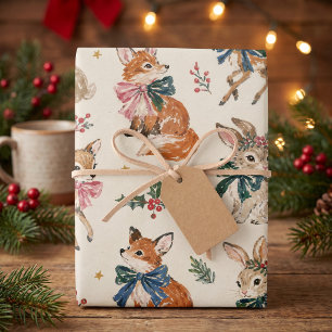 Vintage Watercolor Santa & Teddy Bear Christmas Wrapping Paper Sheet