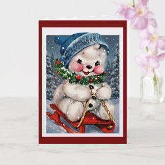 Vintage Watercolor Snowman Sled Christmas Card