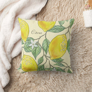 Vintage Watercolor Summer Citrus Lemons Pattern  Throw Pillow