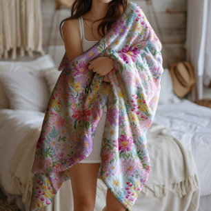 Vintage Watercolor Summer Spring Floral  Fleece Blanket