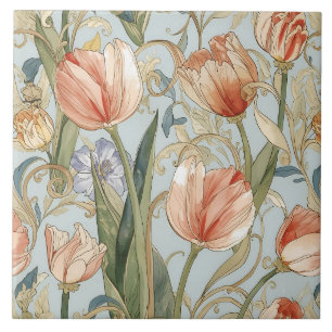 Vintage Watercolor Tulip Flowers ,Peach, Blue Tile
