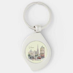 Vintage Watercolor Vienna Austria Tram & Cathedral Keychain
