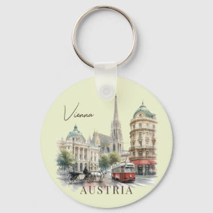 Vintage Watercolor Vienna Austria Tram & Cathedral Keychain