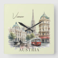 Vintage Watercolor Vienna Austria Tram & Cathedral