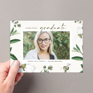 Vintage Watercolor White Flowers Photo Graduation Acrylic Invitations