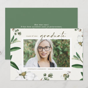 Vintage Watercolor White Flowers Photo Graduation Announcement