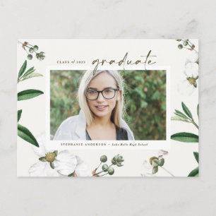 Vintage Watercolor White Flowers Photo Graduation Announcement Postcard