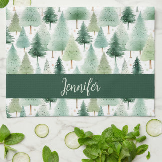 Vintage Watercolor Winter Forest Personalized Kitchen Towel