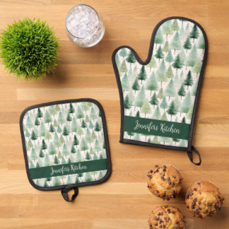 Vintage Watercolor Winter Forest Personalized Oven Mitt & Pot Holder Set